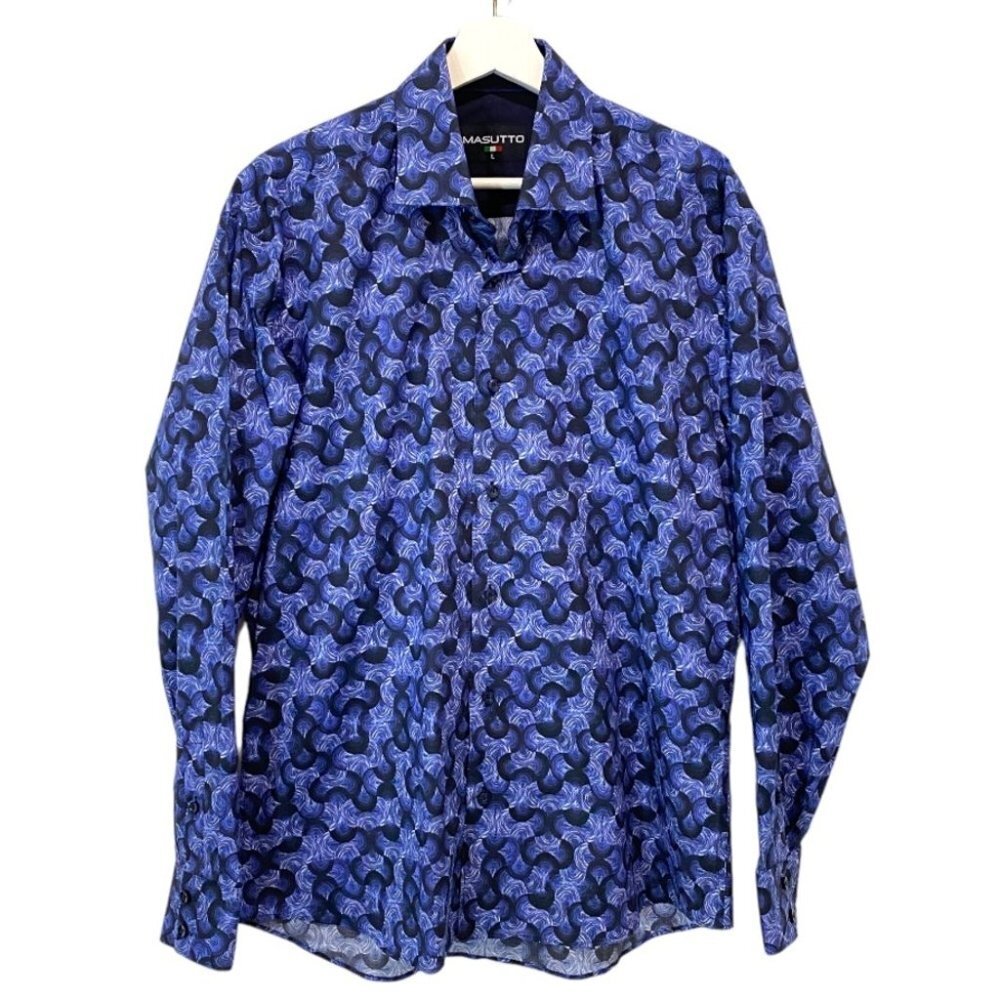 Masutto Italian Men's Blue Swirl 100% Cotton Button Down Collared Shirt  Size L